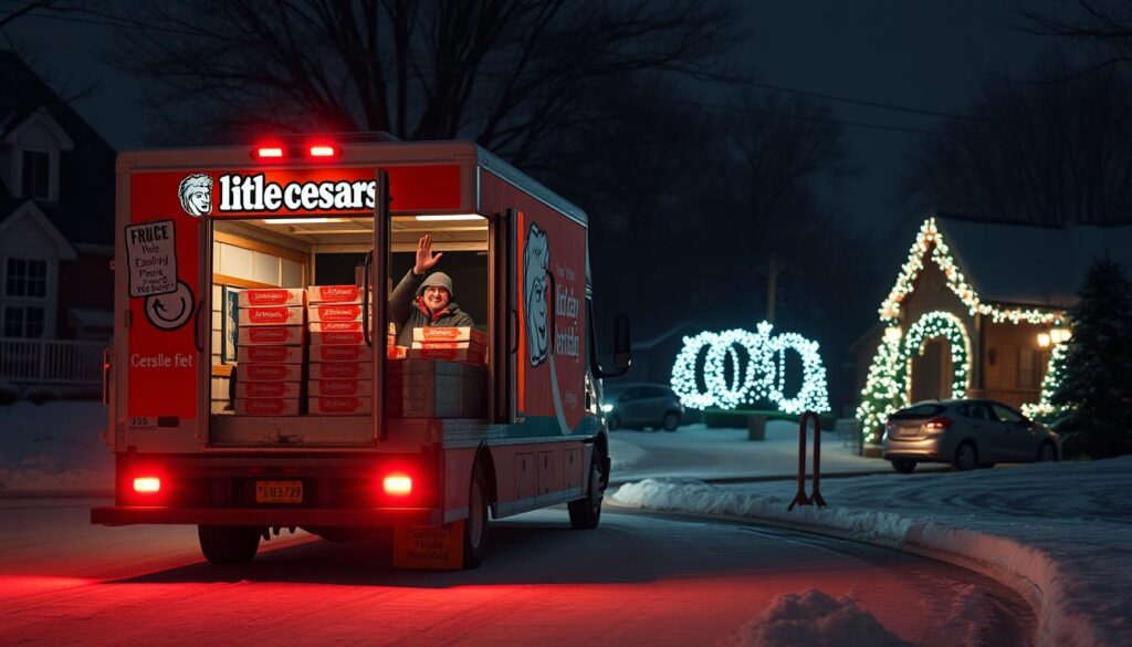 A brightly lit Little Caesars delivery truck navigates a snowy suburban neighborhood, festive holiday lights twinkling in the background. The truck's cargo bay is loaded with piping hot pizza boxes, ready to be swiftly delivered to eager customers. The driver, dressed in a cozy winter jacket, waves cheerfully as they pull up to a quaint holiday-decorated home. The scene conveys a sense of festive convenience and reliable service, perfectly capturing the spirit of Little Caesars' holiday delivery operations. A brightly lit Little Caesars delivery truck navigates a snowy suburban neighborhood, festive holiday lights twinkling in the background. The truck's cargo bay is loaded with piping hot pizza boxes, ready to be swiftly delivered to eager customers. The driver, dressed in a cozy winter jacket, waves cheerfully as they pull up to a quaint holiday-decorated home. The scene conveys a sense of festive convenience and reliable service, perfectly capturing the spirit of Little Caesars' holiday delivery operations.