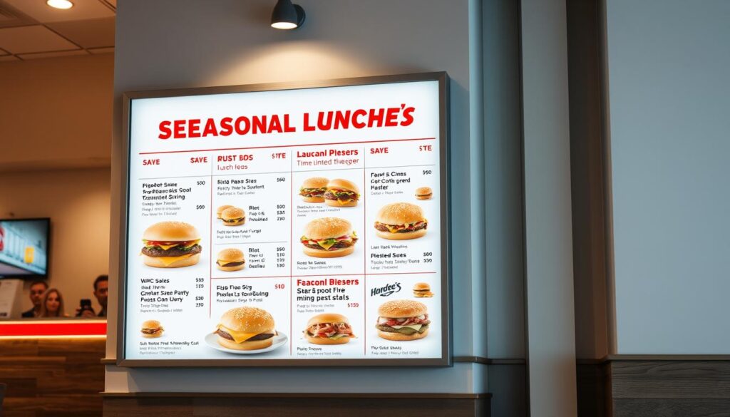 A brightly lit, high-resolution image of a Hardee's seasonal lunch menu board, displayed in a modern, minimalist restaurant setting. The menu features a variety of limited-time lunch specials, beautifully arranged against a clean, white background. The items are presented with clear, crisp typography and mouthwatering food photography, capturing the seasonal flavors and creativity of Hardee's culinary offerings. The lighting is warm and natural, creating a inviting, appetizing atmosphere. The overall composition is visually striking, highlighting the unique and special nature of the seasonal menu items. A brightly lit, high-resolution image of a Hardee's seasonal lunch menu board, displayed in a modern, minimalist restaurant setting. The menu features a variety of limited-time lunch specials, beautifully arranged against a clean, white background. The items are presented with clear, crisp typography and mouthwatering food photography, capturing the seasonal flavors and creativity of Hardee's culinary offerings. The lighting is warm and natural, creating a inviting, appetizing atmosphere. The overall composition is visually striking, highlighting the unique and special nature of the seasonal menu items.