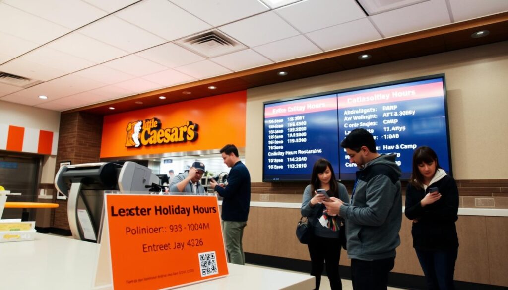 A brightly lit, modern interior of a Little Caesars pizza restaurant. In the foreground, a customer service counter with signage displaying various holiday hours verification methods, such as a phone number, a website URL, and a QR code. On the wall behind the counter, a large digital display showcases the current and upcoming holiday hours. In the middle ground, a few customers are examining their smartphones, likely checking the holiday hours before placing their orders. The overall atmosphere is clean, welcoming, and conveys a sense of efficiency and reliability, reflecting the brand's commitment to serving customers during the holiday season. A brightly lit, modern interior of a Little Caesars pizza restaurant. In the foreground, a customer service counter with signage displaying various holiday hours verification methods, such as a phone number, a website URL, and a QR code. On the wall behind the counter, a large digital display showcases the current and upcoming holiday hours. In the middle ground, a few customers are examining their smartphones, likely checking the holiday hours before placing their orders. The overall atmosphere is clean, welcoming, and conveys a sense of efficiency and reliability, reflecting the brand's commitment to serving customers during the holiday season.