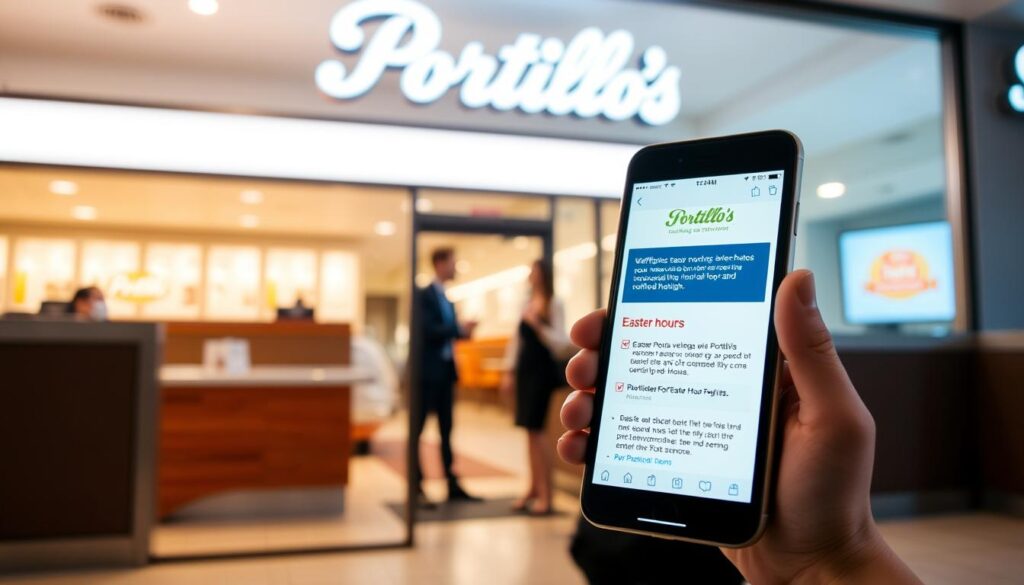 A brightly lit modern storefront with the Portillo's logo prominently displayed, showcasing various verification methods for the restaurant's Easter hours. In the foreground, a tablet or smartphone screen displays the Portillo's website, highlighting the Easter hours and operating information. In the middle ground, a customer service representative gestures towards the screen, providing assistance. In the background, a clean, minimalist interior with tiled floors and metal accents creates a sleek, professional atmosphere. Soft, warm lighting and a neutral color palette convey a sense of reliable, trustworthy information. The overall scene emphasizes the ease and accessibility of verifying Portillo's Easter operating hours. A brightly lit modern storefront with the Portillo's logo prominently displayed, showcasing various verification methods for the restaurant's Easter hours. In the foreground, a tablet or smartphone screen displays the Portillo's website, highlighting the Easter hours and operating information. In the middle ground, a customer service representative gestures towards the screen, providing assistance. In the background, a clean, minimalist interior with tiled floors and metal accents creates a sleek, professional atmosphere. Soft, warm lighting and a neutral color palette convey a sense of reliable, trustworthy information. The overall scene emphasizes the ease and accessibility of verifying Portillo's Easter operating hours.