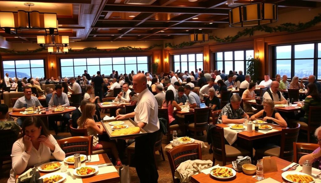 A bustling Olive Garden restaurant during peak dining hours. The spacious dining room is filled with an energetic crowd, seated at cozy wooden tables adorned with crisp white tablecloths. Warm lighting casts a welcoming glow, complementing the rustic Italian-inspired decor. In the foreground, servers efficiently navigate the busy floor, carrying trays laden with steaming plates of classic pasta dishes and fresh-baked breadsticks. The middle ground showcases a vibrant atmosphere, with diners engaged in lively conversation, their faces animated by the lively ambiance. The background reveals a scenic view through large windows, hinting at the restaurant's picturesque setting. This image captures the essence of Olive Garden's popular peak dining experience, where delicious food and a convivial atmosphere come together. A bustling Olive Garden restaurant during peak dining hours. The spacious dining room is filled with an energetic crowd, seated at cozy wooden tables adorned with crisp white tablecloths. Warm lighting casts a welcoming glow, complementing the rustic Italian-inspired decor. In the foreground, servers efficiently navigate the busy floor, carrying trays laden with steaming plates of classic pasta dishes and fresh-baked breadsticks. The middle ground showcases a vibrant atmosphere, with diners engaged in lively conversation, their faces animated by the lively ambiance. The background reveals a scenic view through large windows, hinting at the restaurant's picturesque setting. This image captures the essence of Olive Garden's popular peak dining experience, where delicious food and a convivial atmosphere come together.