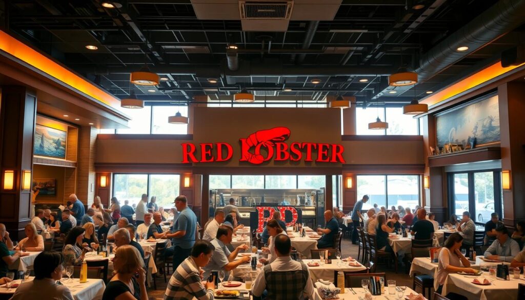 A bustling Red Lobster restaurant during peak dining hours, captured in a wide-angle shot. The spacious dining room is bathed in warm, ambient lighting, with a mix of families, couples, and groups of friends seated at white-linen-covered tables. The foreground features a busy waitstaff efficiently delivering fresh seafood dishes and steaming beverages. In the middle ground, the iconic Red Lobster branding is prominently displayed, drawing the eye towards the lively atmosphere. The background showcases the restaurant's coastal-inspired decor, with nautical-themed artwork and large windows offering glimpses of the outdoors. The overall scene conveys a sense of energy, anticipation, and the quintessential Red Lobster dining experience. A bustling Red Lobster restaurant during peak dining hours, captured in a wide-angle shot. The spacious dining room is bathed in warm, ambient lighting, with a mix of families, couples, and groups of friends seated at white-linen-covered tables. The foreground features a busy waitstaff efficiently delivering fresh seafood dishes and steaming beverages. In the middle ground, the iconic Red Lobster branding is prominently displayed, drawing the eye towards the lively atmosphere. The background showcases the restaurant's coastal-inspired decor, with nautical-themed artwork and large windows offering glimpses of the outdoors. The overall scene conveys a sense of energy, anticipation, and the quintessential Red Lobster dining experience.