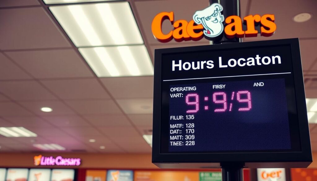 A clean, well-lit Little Caesars store interior with a prominent hours locator display. The locator is a digital screen showcasing the daily hours of operation, with adjustable brightness to be easily visible day or night. The store's signage and branding are visible in the background, creating a recognizable and branded environment. The overall scene conveys a sense of convenience and accessibility, inviting the viewer to easily check the store's closing time for their late-night pizza cravings. A clean, well-lit Little Caesars store interior with a prominent hours locator display. The locator is a digital screen showcasing the daily hours of operation, with adjustable brightness to be easily visible day or night. The store's signage and branding are visible in the background, creating a recognizable and branded environment. The overall scene conveys a sense of convenience and accessibility, inviting the viewer to easily check the store's closing time for their late-night pizza cravings.