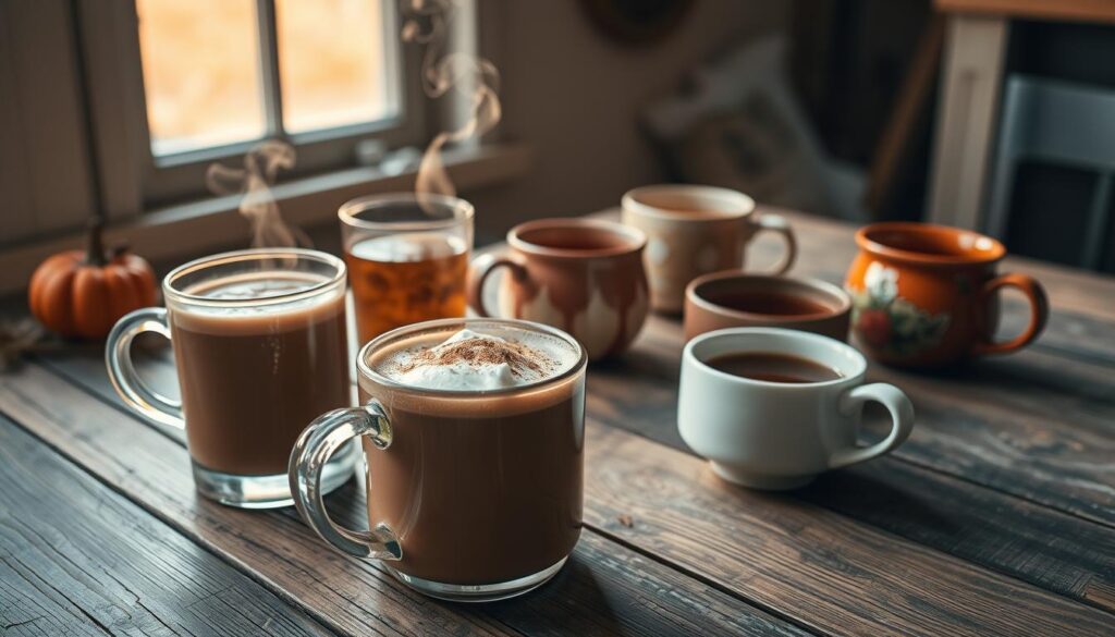 A cozy Thanksgiving morning with a variety of coffee alternatives laid out on a rustic wooden table. In the foreground, a steaming mug of creamy hot chocolate, garnished with a dusting of cinnamon and a dollop of whipped cream. Beside it, a glass of frothy pumpkin spice latte, its aromatic steam rising gently. In the middle ground, a selection of herbal teas in earthy-toned mugs, their vibrant hues contrasting with the weathered tabletop. In the background, a warm, golden light filters through the window, casting a soft glow over the scene. The atmosphere is one of quiet contemplation and holiday cheer, inviting the viewer to savor these delightful alternatives to traditional Thanksgiving coffee. A cozy Thanksgiving morning with a variety of coffee alternatives laid out on a rustic wooden table. In the foreground, a steaming mug of creamy hot chocolate, garnished with a dusting of cinnamon and a dollop of whipped cream. Beside it, a glass of frothy pumpkin spice latte, its aromatic steam rising gently. In the middle ground, a selection of herbal teas in earthy-toned mugs, their vibrant hues contrasting with the weathered tabletop. In the background, a warm, golden light filters through the window, casting a soft glow over the scene. The atmosphere is one of quiet contemplation and holiday cheer, inviting the viewer to savor these delightful alternatives to traditional Thanksgiving coffee.