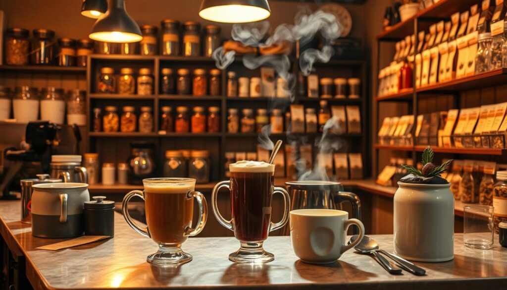 A cozy corner of a coffee shop, dimly lit with warm, golden lighting. On the counter, an array of coffee alternatives - hot cider, hot chocolate, and specialty teas, each with its own distinct mug and garnish. In the background, shelves brimming with jars of loose-leaf teas and bags of herbal infusions. A gentle steam rises, creating a soothing, inviting atmosphere, perfect for those seeking caffeine-free options during the holiday season. A cozy corner of a coffee shop, dimly lit with warm, golden lighting. On the counter, an array of coffee alternatives - hot cider, hot chocolate, and specialty teas, each with its own distinct mug and garnish. In the background, shelves brimming with jars of loose-leaf teas and bags of herbal infusions. A gentle steam rises, creating a soothing, inviting atmosphere, perfect for those seeking caffeine-free options during the holiday season.
