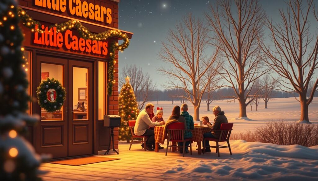 A cozy, festive scene depicting "Little Caesars Holiday Ordering Tips". In the foreground, a warm, inviting storefront of a Little Caesars pizza shop, adorned with twinkling fairy lights and a wreath on the door. In the middle ground, a family gathered around a table, eagerly awaiting their holiday pizza order. The atmosphere is one of comfort and cheer, with soft, diffused lighting casting a golden glow. In the background, a snowy winter landscape, with leafless trees and a clear night sky dotted with stars. The overall mood is one of holiday celebration and delicious, hassle-free pizza enjoyment. A cozy, festive scene depicting "Little Caesars Holiday Ordering Tips". In the foreground, a warm, inviting storefront of a Little Caesars pizza shop, adorned with twinkling fairy lights and a wreath on the door. In the middle ground, a family gathered around a table, eagerly awaiting their holiday pizza order. The atmosphere is one of comfort and cheer, with soft, diffused lighting casting a golden glow. In the background, a snowy winter landscape, with leafless trees and a clear night sky dotted with stars. The overall mood is one of holiday celebration and delicious, hassle-free pizza enjoyment.