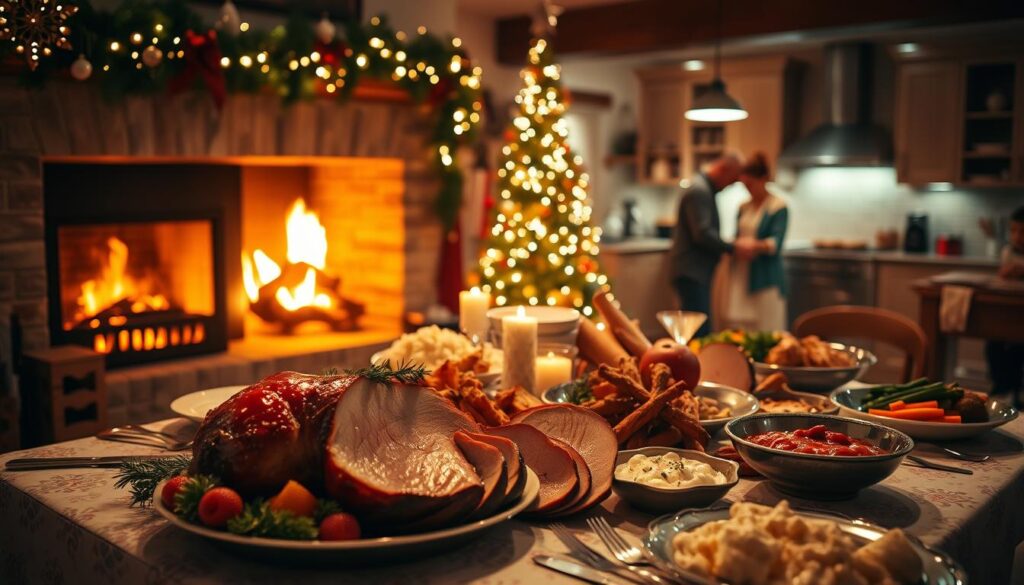 A cozy, festive scene of alternative Christmas dining options. In the foreground, a beautifully set table with a roaring fireplace, garlands, and a twinkling tree. The middle ground features a delectable spread of holiday dishes - a succulent roast, glazed ham, creamy mashed potatoes, and an array of seasonal sides. In the background, a warm, inviting kitchen with family members preparing more delicious meals. The lighting is soft and ambient, casting a golden glow over the entire scene. The atmosphere is one of comfort, togetherness, and holiday cheer, perfect for those seeking an alternative to the traditional restaurant experience. A cozy, festive scene of alternative Christmas dining options. In the foreground, a beautifully set table with a roaring fireplace, garlands, and a twinkling tree. The middle ground features a delectable spread of holiday dishes - a succulent roast, glazed ham, creamy mashed potatoes, and an array of seasonal sides. In the background, a warm, inviting kitchen with family members preparing more delicious meals. The lighting is soft and ambient, casting a golden glow over the entire scene. The atmosphere is one of comfort, togetherness, and holiday cheer, perfect for those seeking an alternative to the traditional restaurant experience.