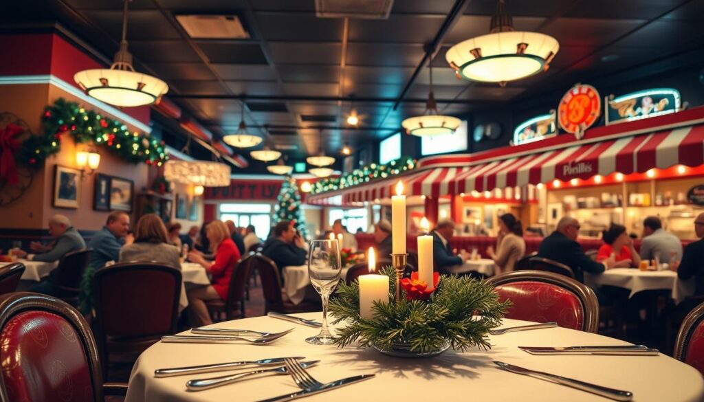 A cozy, festively-decorated Portillo's restaurant interior, with warm lighting and a focus on the holiday dining experience. In the foreground, a table set with a white linen tablecloth, polished silverware, and a centerpiece of holiday greens and candles. The middle ground features families and groups of friends enjoying hot dogs, Italian beef sandwiches, and other Portillo's specialties, amid a cheerful, bustling atmosphere. In the background, the restaurant's iconic red-and-white striped awnings and vintage decor transport the viewer to the quintessential Portillo's holiday dining setting. An inviting, welcoming scene that captures the spirit of planning a memorable holiday visit to this beloved Chicago institution. A cozy, festively-decorated Portillo's restaurant interior, with warm lighting and a focus on the holiday dining experience. In the foreground, a table set with a white linen tablecloth, polished silverware, and a centerpiece of holiday greens and candles. The middle ground features families and groups of friends enjoying hot dogs, Italian beef sandwiches, and other Portillo's specialties, amid a cheerful, bustling atmosphere. In the background, the restaurant's iconic red-and-white striped awnings and vintage decor transport the viewer to the quintessential Portillo's holiday dining setting. An inviting, welcoming scene that captures the spirit of planning a memorable holiday visit to this beloved Chicago institution.