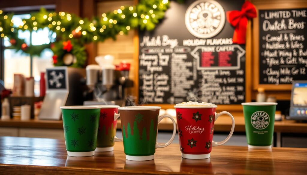 A cozy holiday scene at a Dutch Bros Coffee shop, featuring an array of seasonal drinks. In the foreground, vibrant red and green holiday cups filled with steaming beverages are displayed on a wooden counter. The middle ground showcases a festive background with garlands, twinkling lights, and a chalkboard menu highlighting the specialty holiday flavors. The lighting is warm and inviting, creating a welcoming atmosphere. The overall composition evokes the spirit of the holiday season, inviting the viewer to imagine the delightful taste and aroma of these limited-time Dutch Bros holiday offerings. A cozy holiday scene at a Dutch Bros Coffee shop, featuring an array of seasonal drinks. In the foreground, vibrant red and green holiday cups filled with steaming beverages are displayed on a wooden counter. The middle ground showcases a festive background with garlands, twinkling lights, and a chalkboard menu highlighting the specialty holiday flavors. The lighting is warm and inviting, creating a welcoming atmosphere. The overall composition evokes the spirit of the holiday season, inviting the viewer to imagine the delightful taste and aroma of these limited-time Dutch Bros holiday offerings.