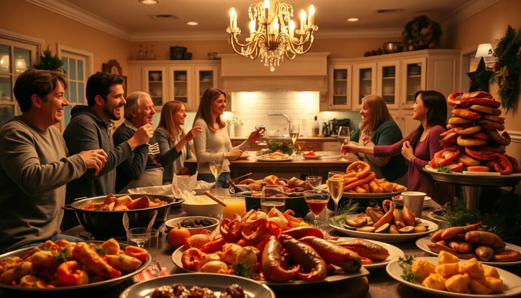 A cozy holiday scene of festive seafood alternatives to Red Lobster's seasonal closure. In the warm-lit foreground, a table laden with a hearty seafood boil, steaming platters of grilled fish, and a chilled seafood tower. In the middle ground, a gathering of friends and families sharing the meal, laughing and toasting. The background depicts a softly-lit kitchen, filled with the aroma of sizzling shellfish and fresh herbs. Overhead, a sparkling chandelier casts a gentle glow, creating an intimate, celebratory atmosphere. The overall mood is one of joyful togetherness, savoring delicious seafood delights during the holiday season. A cozy holiday scene of festive seafood alternatives to Red Lobster's seasonal closure. In the warm-lit foreground, a table laden with a hearty seafood boil, steaming platters of grilled fish, and a chilled seafood tower. In the middle ground, a gathering of friends and families sharing the meal, laughing and toasting. The background depicts a softly-lit kitchen, filled with the aroma of sizzling shellfish and fresh herbs. Overhead, a sparkling chandelier casts a gentle glow, creating an intimate, celebratory atmosphere. The overall mood is one of joyful togetherness, savoring delicious seafood delights during the holiday season.