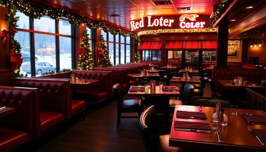 A cozy holiday setting at a Red Lobster restaurant, with a festive atmosphere and strategic dining arrangement to avoid the rush. In the foreground, a warm and inviting dining area with plush red booths, wooden tables, and holiday decor like twinkling lights and garlands. In the middle ground, an efficient layout with well-spaced tables, allowing for comfortable movement and social distancing. In the background, a panoramic view of the restaurant's exterior, with a snowy winter landscape and a Red Lobster sign illuminated by soft, golden lighting. The overall scene conveys a sense of calm, relaxation, and holiday cheer, perfect for a stress-free dining experience during the busy season. A cozy holiday setting at a Red Lobster restaurant, with a festive atmosphere and strategic dining arrangement to avoid the rush. In the foreground, a warm and inviting dining area with plush red booths, wooden tables, and holiday decor like twinkling lights and garlands. In the middle ground, an efficient layout with well-spaced tables, allowing for comfortable movement and social distancing. In the background, a panoramic view of the restaurant's exterior, with a snowy winter landscape and a Red Lobster sign illuminated by soft, golden lighting. The overall scene conveys a sense of calm, relaxation, and holiday cheer, perfect for a stress-free dining experience during the busy season.