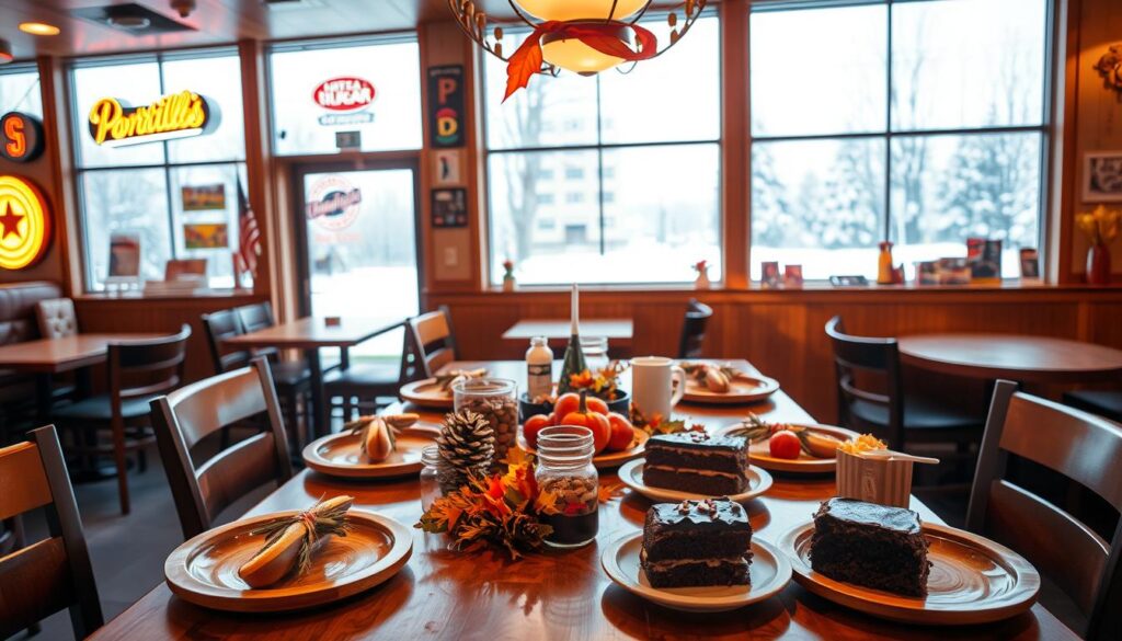 A cozy, inviting Thanksgiving dining scene at Portillo's restaurant. In the foreground, a table set with rustic wooden plates, harvest-themed decorations, and an assortment of Portillo's signature dishes like hot dogs, Italian beef, and chocolate cake. The middle ground features the warm, familiar interior of a Portillo's location, with wooden paneling, neon signs, and nostalgic Chicago memorabilia. In the background, a large window looks out onto a snowy, picturesque winter landscape, setting a festive, seasonal mood. The lighting is soft and inviting, creating a welcoming atmosphere perfect for planning a memorable Thanksgiving visit to Portillo's. A cozy, inviting Thanksgiving dining scene at Portillo's restaurant. In the foreground, a table set with rustic wooden plates, harvest-themed decorations, and an assortment of Portillo's signature dishes like hot dogs, Italian beef, and chocolate cake. The middle ground features the warm, familiar interior of a Portillo's location, with wooden paneling, neon signs, and nostalgic Chicago memorabilia. In the background, a large window looks out onto a snowy, picturesque winter landscape, setting a festive, seasonal mood. The lighting is soft and inviting, creating a welcoming atmosphere perfect for planning a memorable Thanksgiving visit to Portillo's.