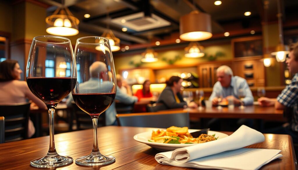 A cozy, inviting scene of an Olive Garden restaurant during happy hour. In the foreground, a glass of red wine and a plate of shareable appetizers sit on a wooden table, along with a neatly folded napkin. The middle ground features patrons enjoying conversation and laughter around the table, bathed in the warm glow of pendant lights overhead. In the background, the restaurant's signature olive green and gold decor creates a comfortable, familiar atmosphere. The overall mood is one of relaxation and indulgence, encouraging diners to make the most of their Olive Garden happy hour experience. A cozy, inviting scene of an Olive Garden restaurant during happy hour. In the foreground, a glass of red wine and a plate of shareable appetizers sit on a wooden table, along with a neatly folded napkin. The middle ground features patrons enjoying conversation and laughter around the table, bathed in the warm glow of pendant lights overhead. In the background, the restaurant's signature olive green and gold decor creates a comfortable, familiar atmosphere. The overall mood is one of relaxation and indulgence, encouraging diners to make the most of their Olive Garden happy hour experience.