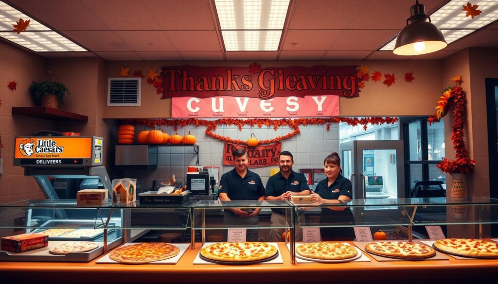 A cozy, well-lit Little Caesars pizza shop, with the Thanksgiving holiday theme prominently displayed. In the foreground, a warm, inviting counter with various delivery options and menu items, including the classic Little Caesars Crazy Bread and Hot-N-Ready pizza. In the middle ground, a team of friendly, uniformed staff ready to assist with orders and coordinate deliveries. The background showcases fall-inspired decor, such as autumn leaves, pumpkins, and a festive Thanksgiving banner, creating a welcoming and celebratory atmosphere. The overall scene conveys the convenience and joy of enjoying Little Caesars pizza during the Thanksgiving holiday. A cozy, well-lit Little Caesars pizza shop, with the Thanksgiving holiday theme prominently displayed. In the foreground, a warm, inviting counter with various delivery options and menu items, including the classic Little Caesars Crazy Bread and Hot-N-Ready pizza. In the middle ground, a team of friendly, uniformed staff ready to assist with orders and coordinate deliveries. The background showcases fall-inspired decor, such as autumn leaves, pumpkins, and a festive Thanksgiving banner, creating a welcoming and celebratory atmosphere. The overall scene conveys the convenience and joy of enjoying Little Caesars pizza during the Thanksgiving holiday.