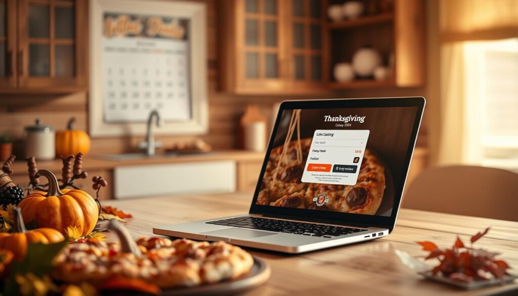 A cozy, well-lit kitchen scene with an open laptop on a wooden table, displaying a simple, easy-to-navigate online ordering interface for Little Caesars. In the foreground, a variety of Thanksgiving-themed decorations and ingredients like pumpkins, cornucopias, and autumn leaves create a festive atmosphere. The middle ground features a steaming, freshly baked Little Caesars pizza, its aroma wafting through the air. In the background, a calendar prominently displays the Thanksgiving holiday date, emphasizing the relevance of the occasion. The lighting is warm and inviting, creating a welcoming, family-oriented mood. The overall composition highlights the convenience and accessibility of ordering Little Caesars pizza for a Thanksgiving gathering. A cozy, well-lit kitchen scene with an open laptop on a wooden table, displaying a simple, easy-to-navigate online ordering interface for Little Caesars. In the foreground, a variety of Thanksgiving-themed decorations and ingredients like pumpkins, cornucopias, and autumn leaves create a festive atmosphere. The middle ground features a steaming, freshly baked Little Caesars pizza, its aroma wafting through the air. In the background, a calendar prominently displays the Thanksgiving holiday date, emphasizing the relevance of the occasion. The lighting is warm and inviting, creating a welcoming, family-oriented mood. The overall composition highlights the convenience and accessibility of ordering Little Caesars pizza for a Thanksgiving gathering.