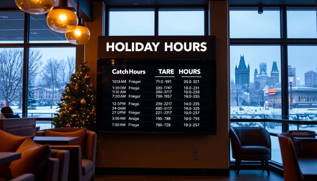 A cozy winter scene showcasing the Dutch Bros holiday hours navigation. In the foreground, a modern cafe interior with plush seating and warm lighting casts a welcoming glow. The middle ground features a large digital display board highlighting the holiday store hours, with a minimalist design and easy-to-read layout. In the background, a snowy city skyline can be seen through the cafe's windows, creating a picturesque winter ambiance. The overall mood is one of comfort, convenience, and holiday cheer, encouraging customers to visit their local Dutch Bros for a festive caffeine boost. A cozy winter scene showcasing the Dutch Bros holiday hours navigation. In the foreground, a modern cafe interior with plush seating and warm lighting casts a welcoming glow. The middle ground features a large digital display board highlighting the holiday store hours, with a minimalist design and easy-to-read layout. In the background, a snowy city skyline can be seen through the cafe's windows, creating a picturesque winter ambiance. The overall mood is one of comfort, convenience, and holiday cheer, encouraging customers to visit their local Dutch Bros for a festive caffeine boost.