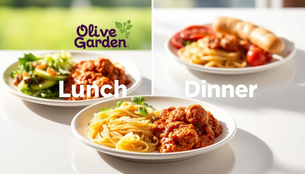 A detailed comparison of the Olive Garden lunch and dinner menus, presented in a clean, minimalist layout. In the foreground, two identical plates showcasing the lunch and dinner portions side-by-side, allowing a clear visual contrast. The plates feature a selection of classic Olive Garden dishes, such as a classic spaghetti and meatballs, a crisp garden salad, and a breadstick. The background is a soft, blurred gradient in soothing greens and blues, evoking the casual, welcoming atmosphere of the restaurant. Bright, natural lighting casts a warm, appetizing glow over the scene, highlighting the textures and colors of the food. The overall mood is one of informative, appetite-whetting comparison, inviting the viewer to consider the value and portions offered at different times of the day. A detailed comparison of the Olive Garden lunch and dinner menus, presented in a clean, minimalist layout. In the foreground, two identical plates showcasing the lunch and dinner portions side-by-side, allowing a clear visual contrast. The plates feature a selection of classic Olive Garden dishes, such as a classic spaghetti and meatballs, a crisp garden salad, and a breadstick. The background is a soft, blurred gradient in soothing greens and blues, evoking the casual, welcoming atmosphere of the restaurant. Bright, natural lighting casts a warm, appetizing glow over the scene, highlighting the textures and colors of the food. The overall mood is one of informative, appetite-whetting comparison, inviting the viewer to consider the value and portions offered at different times of the day.
