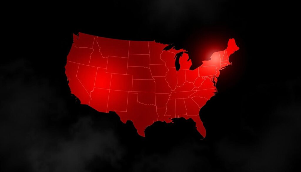A detailed geographic map of the contiguous United States, rendered in a striking red color scheme to reflect the visual identity of the Red Lobster restaurant chain. The map clearly delineates the borders of each state, with a glowing radiance emanating from the areas where Red Lobster locations offer Happy Hour specials and deals. The map is presented against a shadowy, atmospheric backdrop, with subtle highlights and shadows that create depth and dimension. The overall effect is a sleek, modern infographic that conveys the availability of Red Lobster's Happy Hour offerings across the country in a visually compelling way. A detailed geographic map of the contiguous United States, rendered in a striking red color scheme to reflect the visual identity of the Red Lobster restaurant chain. The map clearly delineates the borders of each state, with a glowing radiance emanating from the areas where Red Lobster locations offer Happy Hour specials and deals. The map is presented against a shadowy, atmospheric backdrop, with subtle highlights and shadows that create depth and dimension. The overall effect is a sleek, modern infographic that conveys the availability of Red Lobster's Happy Hour offerings across the country in a visually compelling way.