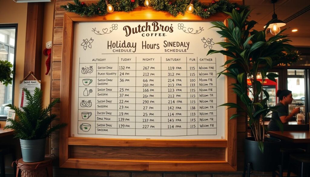 A detailed holiday hours schedule for Dutch Bros Coffee, displayed on a neatly organized bulletin board against a warm, inviting café atmosphere. The schedule features stylized, hand-drawn icons and lettering, with cozy lighting casting a soft glow. The board is framed by rustic wooden accents, complemented by lush, potted plants and a hint of holiday decor, creating a charming, festive ambiance. The overall composition conveys a sense of cheerfulness and community, perfectly capturing the spirit of the holiday season at Dutch Bros. A detailed holiday hours schedule for Dutch Bros Coffee, displayed on a neatly organized bulletin board against a warm, inviting café atmosphere. The schedule features stylized, hand-drawn icons and lettering, with cozy lighting casting a soft glow. The board is framed by rustic wooden accents, complemented by lush, potted plants and a hint of holiday decor, creating a charming, festive ambiance. The overall composition conveys a sense of cheerfulness and community, perfectly capturing the spirit of the holiday season at Dutch Bros.