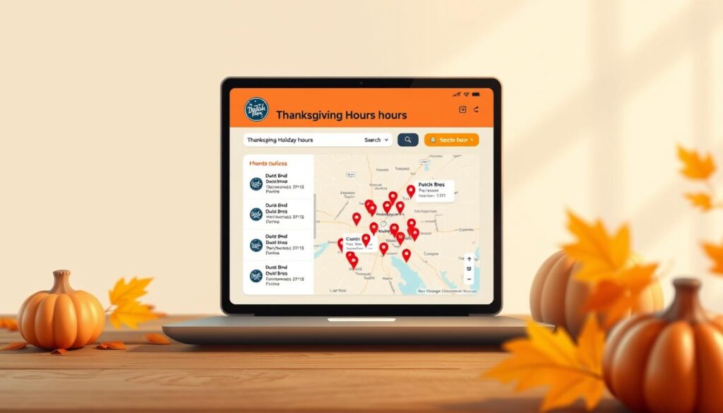 A detailed, realistic illustration of a "Dutch Bros Thanksgiving Hours Locator" web page or mobile app interface. The main focus should be a clean, minimalist design with prominent navigation and search elements, along with a prominent map widget displaying Dutch Bros locations and their Thanksgiving holiday hours. The background should feature a subtle, warm autumn-inspired color palette, with light, natural lighting to evoke a cozy, inviting atmosphere. The overall composition should be balanced and visually appealing, reflecting the user-friendly, customer-centric nature of the Dutch Bros brand. A detailed, realistic illustration of a "Dutch Bros Thanksgiving Hours Locator" web page or mobile app interface. The main focus should be a clean, minimalist design with prominent navigation and search elements, along with a prominent map widget displaying Dutch Bros locations and their Thanksgiving holiday hours. The background should feature a subtle, warm autumn-inspired color palette, with light, natural lighting to evoke a cozy, inviting atmosphere. The overall composition should be balanced and visually appealing, reflecting the user-friendly, customer-centric nature of the Dutch Bros brand.