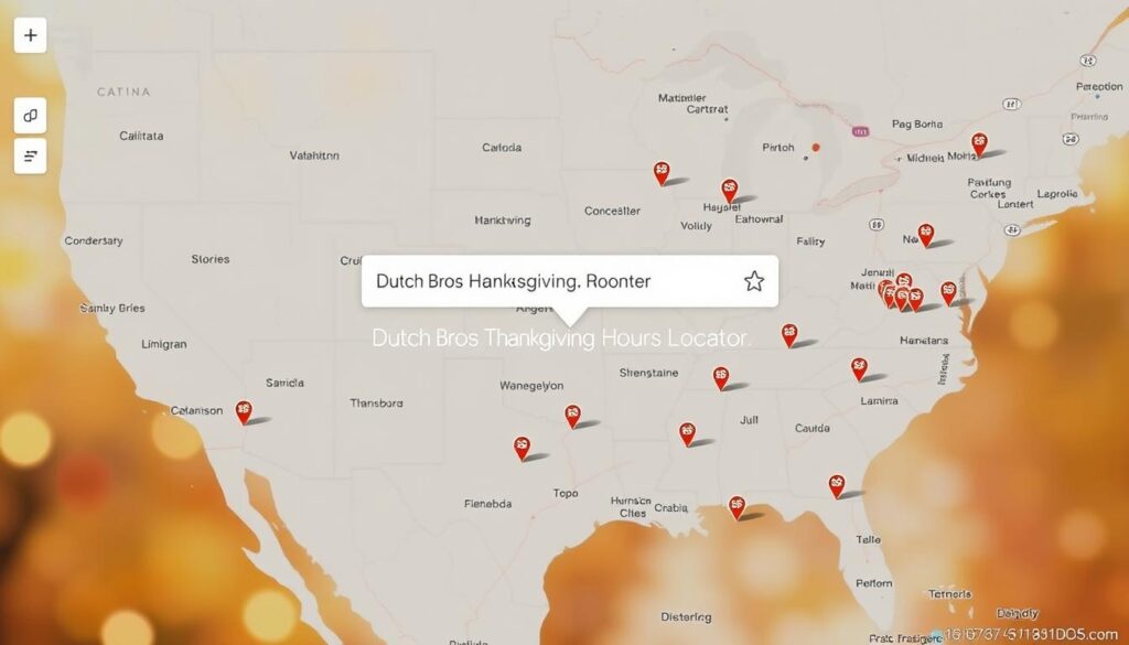 A digital map interface with a clean, modern design. In the center, a prominent search bar with the text "Dutch Bros Thanksgiving Hours Locator" invites the user to find their nearest Dutch Bros location. The map displays detailed geographic information, with states, cities, and major roads clearly delineated. Scattered across the map are small Dutch Bros coffee cup icons, indicating the locations of individual stores. The background features a warm, autumnal palette with soft, diffused lighting, evoking the cozy atmosphere of the Thanksgiving holiday. The overall aesthetic is sleek and user-friendly, guiding the viewer to the critical information they need. A digital map interface with a clean, modern design. In the center, a prominent search bar with the text "Dutch Bros Thanksgiving Hours Locator" invites the user to find their nearest Dutch Bros location. The map displays detailed geographic information, with states, cities, and major roads clearly delineated. Scattered across the map are small Dutch Bros coffee cup icons, indicating the locations of individual stores. The background features a warm, autumnal palette with soft, diffused lighting, evoking the cozy atmosphere of the Thanksgiving holiday. The overall aesthetic is sleek and user-friendly, guiding the viewer to the critical information they need.