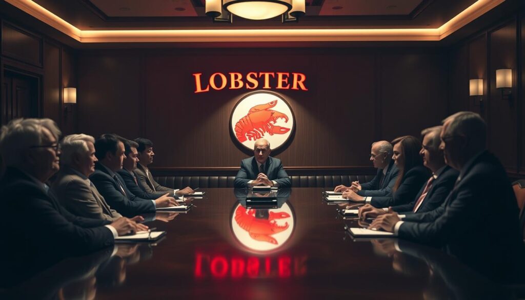 A dimly lit boardroom, the scene of an important Red Lobster executive meeting. At the head of a long, polished mahogany table, a stern-faced CEO addresses the room, delivering the news of impending changes. The lighting is dramatic, casting shadows across the faces of the nervous directors, creating an atmosphere of uncertainty and gravity. In the background, the iconic Red Lobster logo hangs on the wall, a silent witness to the unfolding events. The camera angle is slightly elevated, lending a sense of weight and consequence to the proceedings. The mood is somber, yet tinged with a glimmer of determination, as the leadership team navigates this critical juncture for the beloved seafood brand. A dimly lit boardroom, the scene of an important Red Lobster executive meeting. At the head of a long, polished mahogany table, a stern-faced CEO addresses the room, delivering the news of impending changes. The lighting is dramatic, casting shadows across the faces of the nervous directors, creating an atmosphere of uncertainty and gravity. In the background, the iconic Red Lobster logo hangs on the wall, a silent witness to the unfolding events. The camera angle is slightly elevated, lending a sense of weight and consequence to the proceedings. The mood is somber, yet tinged with a glimmer of determination, as the leadership team navigates this critical juncture for the beloved seafood brand.
