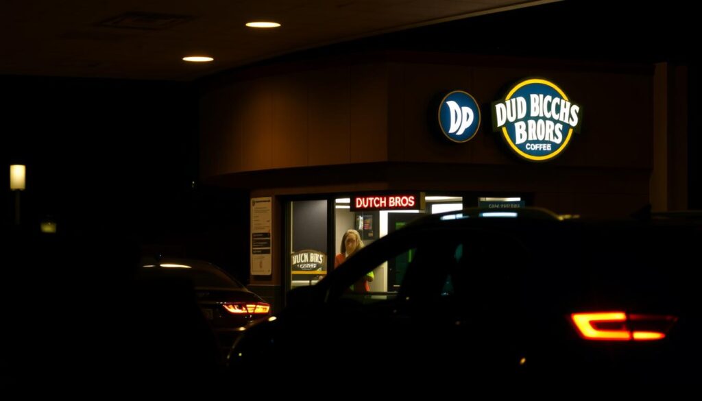 A dimly lit drive-thru of a Dutch Bros coffee shop, late at night. The scene is bathed in a warm, amber glow from the overhead lighting, casting a cozy and inviting atmosphere. In the foreground, a line of cars waits patiently, their occupants eager to enjoy a comforting cup of coffee or specialty drink. The Dutch Bros logo and signage are prominently displayed, indicating that this location is open for business even in the late hours. The middle ground features the staff, clad in the iconic Dutch Bros uniforms, efficiently serving customers through the drive-thru window. In the background, the night sky is visible, with a few twinkling stars adding to the tranquil, after-hours ambiance. The overall composition conveys the sense of a reliable, 24-hour coffee oasis in the darkness of the night. A dimly lit drive-thru of a Dutch Bros coffee shop, late at night. The scene is bathed in a warm, amber glow from the overhead lighting, casting a cozy and inviting atmosphere. In the foreground, a line of cars waits patiently, their occupants eager to enjoy a comforting cup of coffee or specialty drink. The Dutch Bros logo and signage are prominently displayed, indicating that this location is open for business even in the late hours. The middle ground features the staff, clad in the iconic Dutch Bros uniforms, efficiently serving customers through the drive-thru window. In the background, the night sky is visible, with a few twinkling stars adding to the tranquil, after-hours ambiance. The overall composition conveys the sense of a reliable, 24-hour coffee oasis in the darkness of the night.