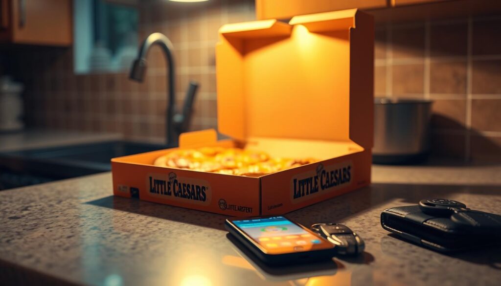 A dimly lit kitchen counter, with a prominent Little Caesars pizza box taking center stage. The box is partially open, revealing a steaming hot pie, its golden crust glistening under warm, inviting lighting. On the counter, there's a smartphone, its screen displaying a late-night ordering app, along with a set of car keys and a wallet, hinting at a late-night craving fulfilled. The scene is captured with a shallow depth of field, creating a cozy, intimate atmosphere, perfect for a last-minute pizza fix after a long day. A dimly lit kitchen counter, with a prominent Little Caesars pizza box taking center stage. The box is partially open, revealing a steaming hot pie, its golden crust glistening under warm, inviting lighting. On the counter, there's a smartphone, its screen displaying a late-night ordering app, along with a set of car keys and a wallet, hinting at a late-night craving fulfilled. The scene is captured with a shallow depth of field, creating a cozy, intimate atmosphere, perfect for a last-minute pizza fix after a long day.