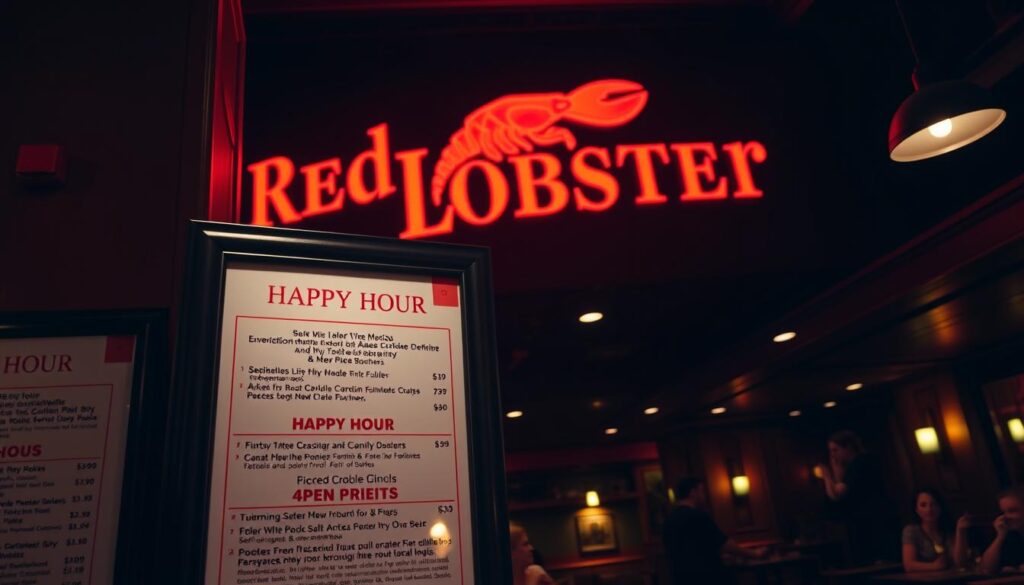 A dimly lit restaurant interior with a large, neon-lit "Red Lobster" sign prominently displayed. The foreground features a framed menu board showcasing the happy hour specials, with a focus on the various restrictions and fine print details. The middle ground includes a few diners enjoying their meals, while the background depicts the rest of the restaurant's ambiance, with warm lighting, wooden accents, and a sense of casual, family-friendly atmosphere. A dimly lit restaurant interior with a large, neon-lit "Red Lobster" sign prominently displayed. The foreground features a framed menu board showcasing the happy hour specials, with a focus on the various restrictions and fine print details. The middle ground includes a few diners enjoying their meals, while the background depicts the rest of the restaurant's ambiance, with warm lighting, wooden accents, and a sense of casual, family-friendly atmosphere.