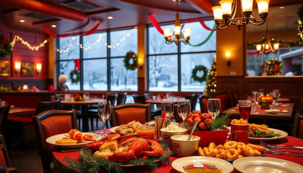 A festive red-and-green-themed dining scene at a Red Lobster restaurant, with a cozy and inviting atmosphere. In the foreground, a beautifully set holiday table with a fresh seafood feast, complete with lobster, shrimp, and a selection of sides. Overhead, a warm, golden lighting casts a soft glow, creating a welcoming ambiance. In the middle ground, the interior of the restaurant is visible, adorned with twinkling holiday lights, wreaths, and other seasonal decor. The background depicts a snowy, winter landscape visible through the restaurant's large windows, adding to the festive and merry mood. A festive red-and-green-themed dining scene at a Red Lobster restaurant, with a cozy and inviting atmosphere. In the foreground, a beautifully set holiday table with a fresh seafood feast, complete with lobster, shrimp, and a selection of sides. Overhead, a warm, golden lighting casts a soft glow, creating a welcoming ambiance. In the middle ground, the interior of the restaurant is visible, adorned with twinkling holiday lights, wreaths, and other seasonal decor. The background depicts a snowy, winter landscape visible through the restaurant's large windows, adding to the festive and merry mood.