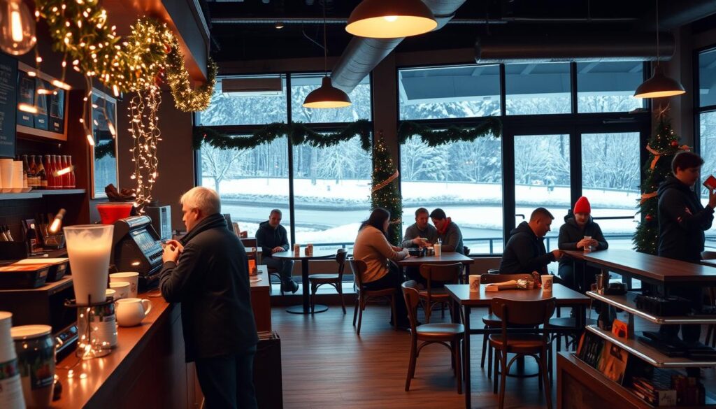 A festive scene of a Dutch Bros coffee shop during the holiday season, with a cozy and inviting atmosphere. In the foreground, the counter is adorned with twinkling string lights, holiday-themed cups and mugs, and a barista preparing a steaming hot beverage. In the middle ground, customers are gathered around small tables, sipping their drinks and chatting amicably. The background depicts a snowy winter landscape visible through the shop's large windows, creating a sense of warmth and comfort against the chilly outdoor setting. The lighting is soft and warm, creating a welcoming and joyful ambiance. The overall composition conveys the perfect setting for planning a visit to Dutch Bros during the holiday season. A festive scene of a Dutch Bros coffee shop during the holiday season, with a cozy and inviting atmosphere. In the foreground, the counter is adorned with twinkling string lights, holiday-themed cups and mugs, and a barista preparing a steaming hot beverage. In the middle ground, customers are gathered around small tables, sipping their drinks and chatting amicably. The background depicts a snowy winter landscape visible through the shop's large windows, creating a sense of warmth and comfort against the chilly outdoor setting. The lighting is soft and warm, creating a welcoming and joyful ambiance. The overall composition conveys the perfect setting for planning a visit to Dutch Bros during the holiday season.