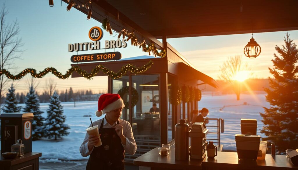 A festive winter scene of a Dutch Bros coffee shop, with a warm, cozy atmosphere. In the foreground, a barista wearing a Santa hat serves up specialty holiday drinks like peppermint mochas and gingerbread lattes, their apron adorned with festive icons. The middle ground features the exterior of the coffee shop, its facade decorated with twinkling string lights and wreaths. In the background, a snowy landscape with evergreen trees, under a clear sky with a setting sun casting a golden glow. The overall mood is one of holiday cheer and celebration, inviting customers to enjoy the seasonal promotions and offerings. A festive winter scene of a Dutch Bros coffee shop, with a warm, cozy atmosphere. In the foreground, a barista wearing a Santa hat serves up specialty holiday drinks like peppermint mochas and gingerbread lattes, their apron adorned with festive icons. The middle ground features the exterior of the coffee shop, its facade decorated with twinkling string lights and wreaths. In the background, a snowy landscape with evergreen trees, under a clear sky with a setting sun casting a golden glow. The overall mood is one of holiday cheer and celebration, inviting customers to enjoy the seasonal promotions and offerings.
