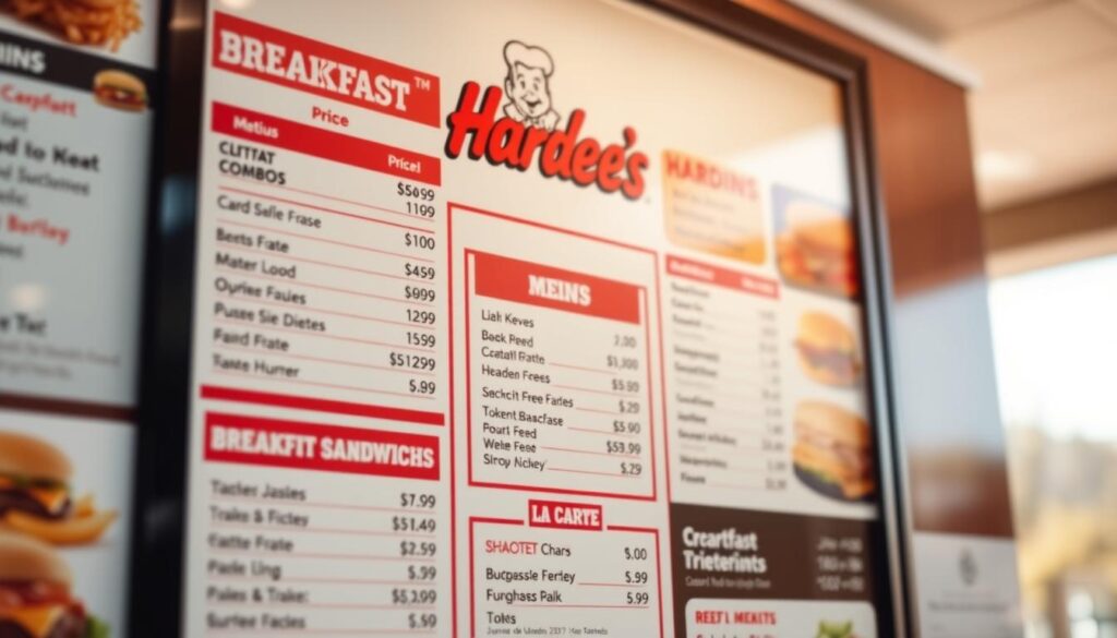 A high-quality, detailed menu board depicting the Hardee's breakfast pricing structure, photographed in natural daylight with a shallow depth of field. In the foreground, the menu items are clearly visible, showcasing the prices for various breakfast combos, sandwiches, and a la carte options. The middle ground features the Hardee's logo and branding, with a clean, modern design. The background is blurred, creating a sense of depth and focus on the pricing information. The lighting is warm and inviting, reflecting the breakfast theme, and the overall composition is visually appealing and easy to read. A high-quality, detailed menu board depicting the Hardee's breakfast pricing structure, photographed in natural daylight with a shallow depth of field. In the foreground, the menu items are clearly visible, showcasing the prices for various breakfast combos, sandwiches, and a la carte options. The middle ground features the Hardee's logo and branding, with a clean, modern design. The background is blurred, creating a sense of depth and focus on the pricing information. The lighting is warm and inviting, reflecting the breakfast theme, and the overall composition is visually appealing and easy to read.