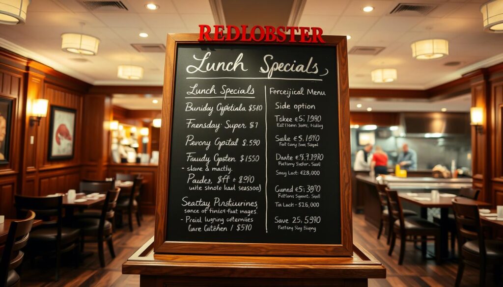 A high-quality digital photograph of a Red Lobster restaurant's lunch menu specials display. The display is positioned prominently on a wooden podium in the restaurant's dining area, illuminated by warm, soft lighting from above. The menu is presented on a large chalkboard or whiteboard, with elegant handwritten text listing the daily lunch specials, including seafood dishes, side options, and pricing. The background features the restaurant's classic nautical decor, with wood paneling, nautical accents, and a glimpse of the bustling kitchen in the distance. The overall composition conveys a welcoming, upscale dining atmosphere, enticing customers to explore the lunch menu offerings. A high-quality digital photograph of a Red Lobster restaurant's lunch menu specials display. The display is positioned prominently on a wooden podium in the restaurant's dining area, illuminated by warm, soft lighting from above. The menu is presented on a large chalkboard or whiteboard, with elegant handwritten text listing the daily lunch specials, including seafood dishes, side options, and pricing. The background features the restaurant's classic nautical decor, with wood paneling, nautical accents, and a glimpse of the bustling kitchen in the distance. The overall composition conveys a welcoming, upscale dining atmosphere, enticing customers to explore the lunch menu offerings.