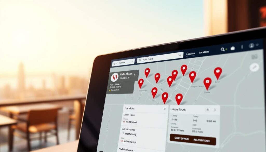 A high-resolution, detailed illustration of a Red Lobster restaurant locator and hours finder interface. The foreground features a sleek, modern digital display showing a map with red marker pins indicating various Red Lobster locations. The middle ground showcases a clean, responsive user interface with intuitive navigation, allowing users to easily search for nearby restaurants and view their hours of operation. The background depicts a subtly blurred cityscape or coastal scene, conveying a sense of the restaurant's seafood-centric ambiance. Lighting is natural and warm, with a touch of digital luminescence emanating from the interface. The overall tone is professional, informative, and visually appealing. A high-resolution, detailed illustration of a Red Lobster restaurant locator and hours finder interface. The foreground features a sleek, modern digital display showing a map with red marker pins indicating various Red Lobster locations. The middle ground showcases a clean, responsive user interface with intuitive navigation, allowing users to easily search for nearby restaurants and view their hours of operation. The background depicts a subtly blurred cityscape or coastal scene, conveying a sense of the restaurant's seafood-centric ambiance. Lighting is natural and warm, with a touch of digital luminescence emanating from the interface. The overall tone is professional, informative, and visually appealing.