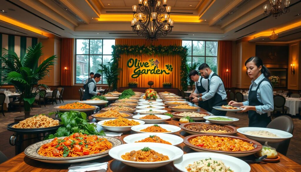 A lavish Olive Garden catering setup, with a large, elegant wooden table adorned with lush greenery and warm lighting. In the foreground, platters of Italian dishes - from classic spaghetti and meatballs to creamy alfredo - are being served by attentive servers dressed in crisp uniforms. In the middle ground, a backdrop of rich, textured drapery frames the scene, conveying a sense of upscale ambiance. The background features an expansive, well-appointed dining room with high ceilings, ornate chandeliers, and large windows letting in soft, diffused natural light, creating an inviting and sophisticated atmosphere perfect for large group dining. A lavish Olive Garden catering setup, with a large, elegant wooden table adorned with lush greenery and warm lighting. In the foreground, platters of Italian dishes - from classic spaghetti and meatballs to creamy alfredo - are being served by attentive servers dressed in crisp uniforms. In the middle ground, a backdrop of rich, textured drapery frames the scene, conveying a sense of upscale ambiance. The background features an expansive, well-appointed dining room with high ceilings, ornate chandeliers, and large windows letting in soft, diffused natural light, creating an inviting and sophisticated atmosphere perfect for large group dining.