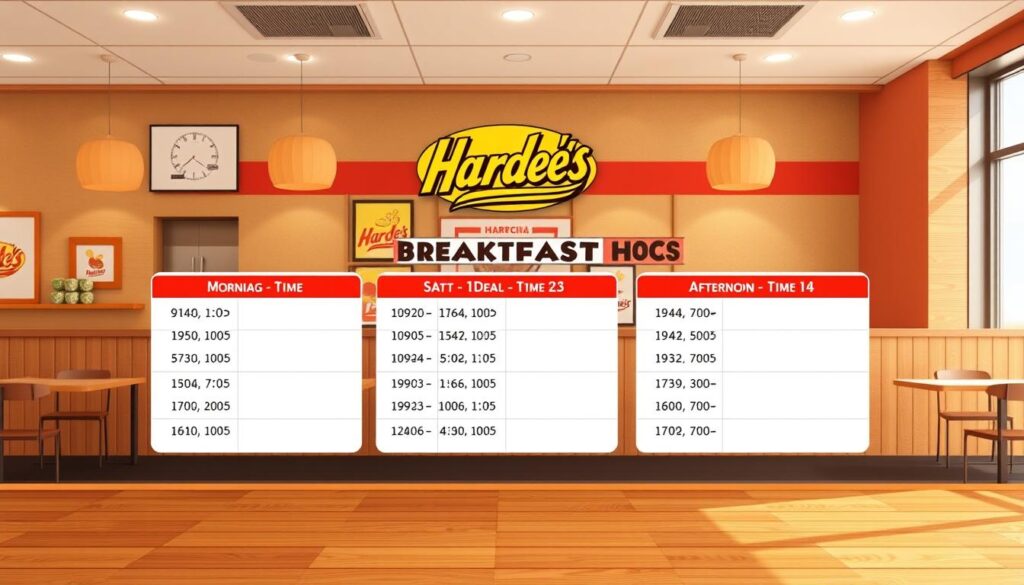 A meticulously designed digital illustration depicting Hardee's breakfast hours guide. The foreground showcases a clean, minimalist layout with a grid-like arrangement of time slots, organized by morning and afternoon segments. The middle ground features Hardee's iconic branding elements, including the logo and color palette, creating a cohesive visual identity. The background subtly incorporates restaurant interiors, such as wooden textures and warm lighting, establishing a cozy, inviting atmosphere. The overall composition strikes a balance between informative clarity and visually appealing aesthetics, making it an effective guide for Hardee's breakfast hours. A meticulously designed digital illustration depicting Hardee's breakfast hours guide. The foreground showcases a clean, minimalist layout with a grid-like arrangement of time slots, organized by morning and afternoon segments. The middle ground features Hardee's iconic branding elements, including the logo and color palette, creating a cohesive visual identity. The background subtly incorporates restaurant interiors, such as wooden textures and warm lighting, establishing a cozy, inviting atmosphere. The overall composition strikes a balance between informative clarity and visually appealing aesthetics, making it an effective guide for Hardee's breakfast hours.