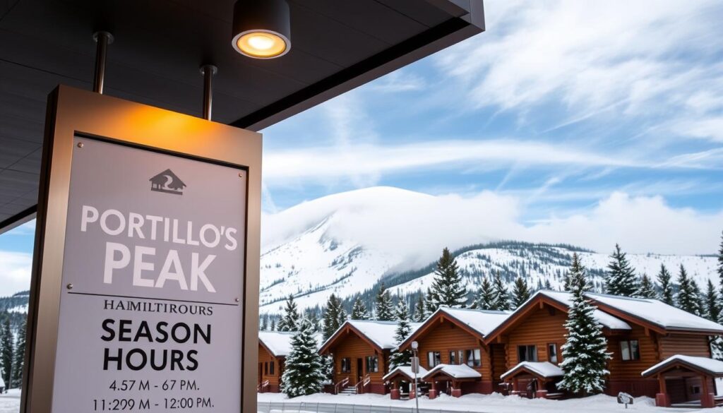 A modern and stylish signage board showcasing the "Portillo's Peak Season Hours" against a backdrop of a snowy mountain landscape. The signage has a sleek metallic frame with crisp white lettering, illuminated by warm overhead lighting that casts a cozy glow. In the middle ground, a row of quaint log cabins nestled among pine trees, their roofs dusted with fresh powder. In the distance, the majestic Portillo's Peak rises, its summit shrouded in wispy clouds. The overall scene conveys a sense of alpine charm and the anticipation of a vibrant winter season. A modern and stylish signage board showcasing the "Portillo's Peak Season Hours" against a backdrop of a snowy mountain landscape. The signage has a sleek metallic frame with crisp white lettering, illuminated by warm overhead lighting that casts a cozy glow. In the middle ground, a row of quaint log cabins nestled among pine trees, their roofs dusted with fresh powder. In the distance, the majestic Portillo's Peak rises, its summit shrouded in wispy clouds. The overall scene conveys a sense of alpine charm and the anticipation of a vibrant winter season.