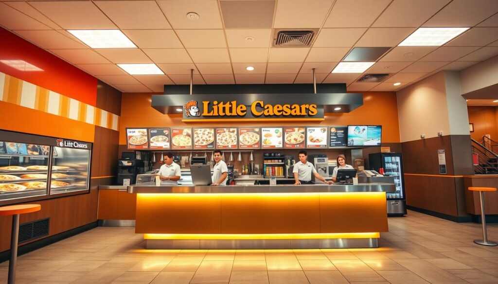 A modern, well-lit Little Caesars restaurant interior, with a prominent customer service counter at the center. The counter is staffed by two attentive and friendly employees, ready to assist customers with their orders. The background features an array of pizzas and menu items displayed behind glass, creating an inviting and appetizing atmosphere. The lighting is warm and evenly distributed, accentuating the clean, efficient layout of the space. The overall scene conveys a sense of efficient, customer-focused service, reflecting the "Quick Order Experience" highlighted in the article. A modern, well-lit Little Caesars restaurant interior, with a prominent customer service counter at the center. The counter is staffed by two attentive and friendly employees, ready to assist customers with their orders. The background features an array of pizzas and menu items displayed behind glass, creating an inviting and appetizing atmosphere. The lighting is warm and evenly distributed, accentuating the clean, efficient layout of the space. The overall scene conveys a sense of efficient, customer-focused service, reflecting the "Quick Order Experience" highlighted in the article.