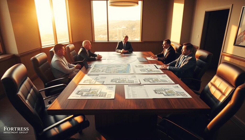 A modern, well-lit conference room with a large oak table and sleek leather chairs. At the head of the table, a team of executives from Fortress Investment Group discuss plans for the future of Red Lobster. The room is bathed in a warm, golden light from large windows, casting a pensive mood. On the table, architectural renderings and financial projections are spread out, highlighting strategies for revitalizing the iconic seafood restaurant chain. The atmosphere conveys a sense of focused deliberation as the group maps out Red Lobster's path forward under new ownership. A modern, well-lit conference room with a large oak table and sleek leather chairs. At the head of the table, a team of executives from Fortress Investment Group discuss plans for the future of Red Lobster. The room is bathed in a warm, golden light from large windows, casting a pensive mood. On the table, architectural renderings and financial projections are spread out, highlighting strategies for revitalizing the iconic seafood restaurant chain. The atmosphere conveys a sense of focused deliberation as the group maps out Red Lobster's path forward under new ownership.