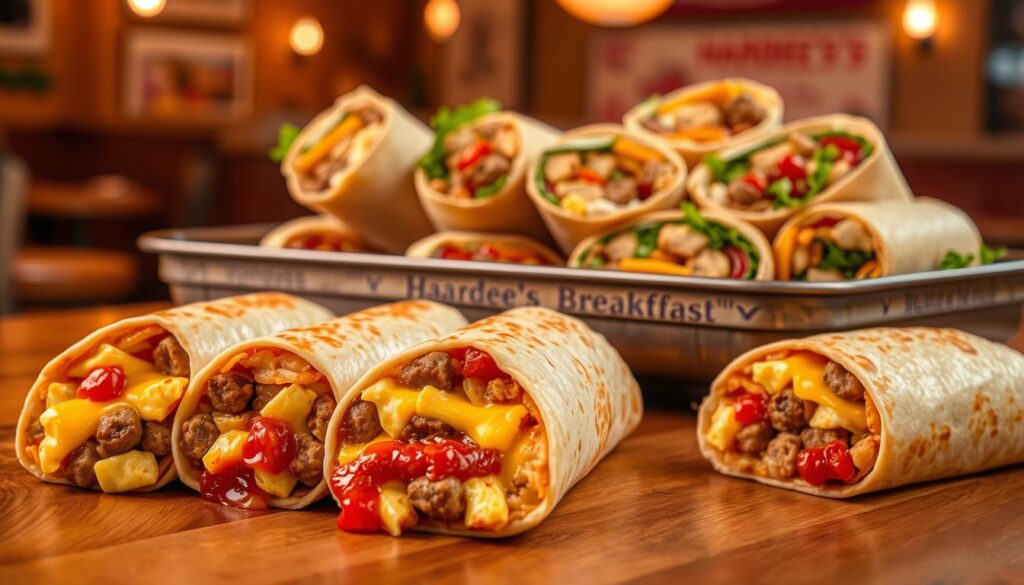 A mouthwatering display of Hardee's breakfast burritos in the foreground, nestled on a wooden surface. The burritos are wrapped in warm, golden tortillas, oozing with melted cheese, savory sausage, fluffy scrambled eggs, and spicy salsa. In the middle ground, a rustic metal serving tray holds a selection of Hardee's breakfast wraps, each one a harmonious blend of fresh ingredients. The background features a cozy, inviting diner-style setting, with warm lighting casting a soft glow over the scene. The overall mood is one of comfort, indulgence, and the irresistible aroma of a hearty morning meal. A mouthwatering display of Hardee's breakfast burritos in the foreground, nestled on a wooden surface. The burritos are wrapped in warm, golden tortillas, oozing with melted cheese, savory sausage, fluffy scrambled eggs, and spicy salsa. In the middle ground, a rustic metal serving tray holds a selection of Hardee's breakfast wraps, each one a harmonious blend of fresh ingredients. The background features a cozy, inviting diner-style setting, with warm lighting casting a soft glow over the scene. The overall mood is one of comfort, indulgence, and the irresistible aroma of a hearty morning meal.