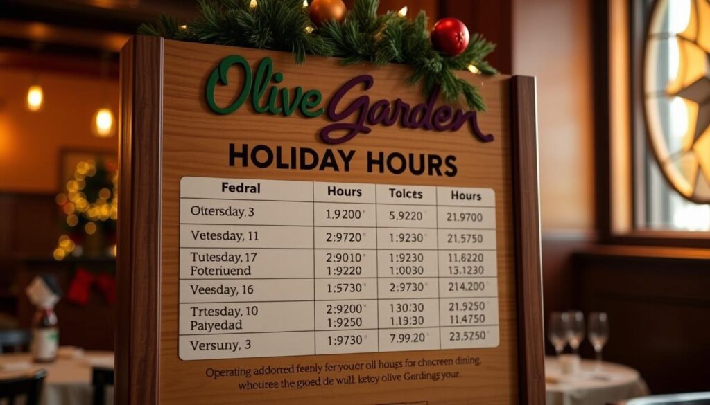 A neatly organized Olive Garden holiday hours schedule, presented against a warm, festive backdrop. The schedule is displayed on a high-quality wood-grained sign, with clean, legible typography. The sign is situated in a cozy, dimly lit restaurant setting, with soft, golden lighting casting a gentle glow. Customers can clearly see the operating hours for federal holidays, enabling them to plan their Olive Garden dining experience with ease. The overall atmosphere evokes the comforting, family-friendly ambiance of the Olive Garden brand, setting the stage for a memorable holiday meal. A neatly organized Olive Garden holiday hours schedule, presented against a warm, festive backdrop. The schedule is displayed on a high-quality wood-grained sign, with clean, legible typography. The sign is situated in a cozy, dimly lit restaurant setting, with soft, golden lighting casting a gentle glow. Customers can clearly see the operating hours for federal holidays, enabling them to plan their Olive Garden dining experience with ease. The overall atmosphere evokes the comforting, family-friendly ambiance of the Olive Garden brand, setting the stage for a memorable holiday meal.