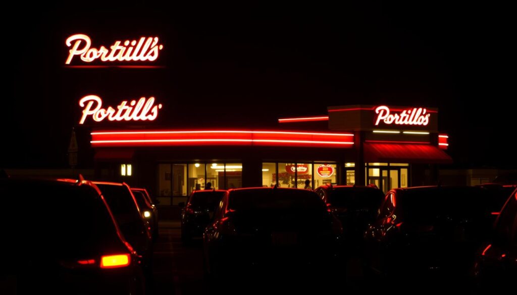 A neon-lit Portillo's drive-thru at night, the iconic red and white sign illuminating the dimly lit parking lot. In the foreground, a row of cars with their headlights on, waiting to order hot dogs, Italian beef, and other late-night cravings. The middle ground features the drive-thru lane, the sound of orders being placed and filled echoing in the cool night air. In the background, the restaurant's facade stands tall, its windows glowing with a warm, inviting atmosphere, beckoning hungry patrons seeking a taste of Chicago's beloved eatery, even in the wee hours. Soft shadows and highlights create a moody, atmospheric scene, capturing the essence of Portillo's as a late-night dining destination. A neon-lit Portillo's drive-thru at night, the iconic red and white sign illuminating the dimly lit parking lot. In the foreground, a row of cars with their headlights on, waiting to order hot dogs, Italian beef, and other late-night cravings. The middle ground features the drive-thru lane, the sound of orders being placed and filled echoing in the cool night air. In the background, the restaurant's facade stands tall, its windows glowing with a warm, inviting atmosphere, beckoning hungry patrons seeking a taste of Chicago's beloved eatery, even in the wee hours. Soft shadows and highlights create a moody, atmospheric scene, capturing the essence of Portillo's as a late-night dining destination.