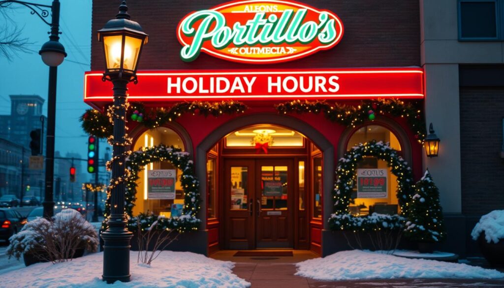 A neon-lit, festive storefront with the Portillo's logo prominently displayed, showcasing their holiday hours. The scene is bathed in a warm, inviting glow, with the windows adorned with twinkling fairy lights and garlands of holly. In the foreground, a snow-covered landscape with a vintage-style street lamp sets the cozy, winter mood. The middle ground features the main entrance, framed by arched doorways and decorative columns. The background reveals the bustling city skyline, creating a sense of place and community. The overall composition conveys a welcoming and celebratory atmosphere, perfectly capturing the spirit of Portillo's holiday schedule. A neon-lit, festive storefront with the Portillo's logo prominently displayed, showcasing their holiday hours. The scene is bathed in a warm, inviting glow, with the windows adorned with twinkling fairy lights and garlands of holly. In the foreground, a snow-covered landscape with a vintage-style street lamp sets the cozy, winter mood. The middle ground features the main entrance, framed by arched doorways and decorative columns. The background reveals the bustling city skyline, creating a sense of place and community. The overall composition conveys a welcoming and celebratory atmosphere, perfectly capturing the spirit of Portillo's holiday schedule.
