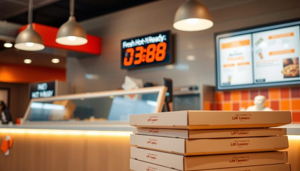 A sleek and modern pizzeria counter, bathed in warm lighting, with a prominently displayed digital timer showcasing the countdown to a fresh Hot-N-Ready pizza's availability. The counter features a clean, minimalist design, with a prominent Little Caesars logo. In the foreground, a stack of pizza boxes sit neatly, ready to be taken home. The background is slightly blurred, hinting at the bustling activity of the restaurant. The overall atmosphere conveys a sense of efficiency, convenience, and the promise of a piping hot, freshly-baked pizza, ready to be enjoyed at any time. A sleek and modern pizzeria counter, bathed in warm lighting, with a prominently displayed digital timer showcasing the countdown to a fresh Hot-N-Ready pizza's availability. The counter features a clean, minimalist design, with a prominent Little Caesars logo. In the foreground, a stack of pizza boxes sit neatly, ready to be taken home. The background is slightly blurred, hinting at the bustling activity of the restaurant. The overall atmosphere conveys a sense of efficiency, convenience, and the promise of a piping hot, freshly-baked pizza, ready to be enjoyed at any time.