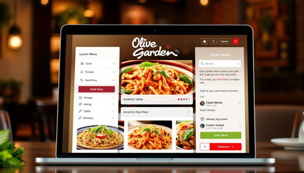 A sleek, modern online ordering interface for the iconic Olive Garden restaurant chain. The foreground features a clean, minimalist UI with intuitive menus and buttons, allowing customers to easily browse the lunch menu, customize their orders, and select pickup or delivery options. The middle ground showcases tempting food photography, highlighting the fresh, authentic Italian dishes. In the background, a warm, cozy ambiance evokes the welcoming atmosphere of the Olive Garden dining experience, with soft lighting and subtle textures reminiscent of the restaurant's decor. The overall composition conveys a seamless, user-friendly digital experience that complements the Olive Garden brand and its commitment to delivering delicious lunch options to its customers. A sleek, modern online ordering interface for the iconic Olive Garden restaurant chain. The foreground features a clean, minimalist UI with intuitive menus and buttons, allowing customers to easily browse the lunch menu, customize their orders, and select pickup or delivery options. The middle ground showcases tempting food photography, highlighting the fresh, authentic Italian dishes. In the background, a warm, cozy ambiance evokes the welcoming atmosphere of the Olive Garden dining experience, with soft lighting and subtle textures reminiscent of the restaurant's decor. The overall composition conveys a seamless, user-friendly digital experience that complements the Olive Garden brand and its commitment to delivering delicious lunch options to its customers.