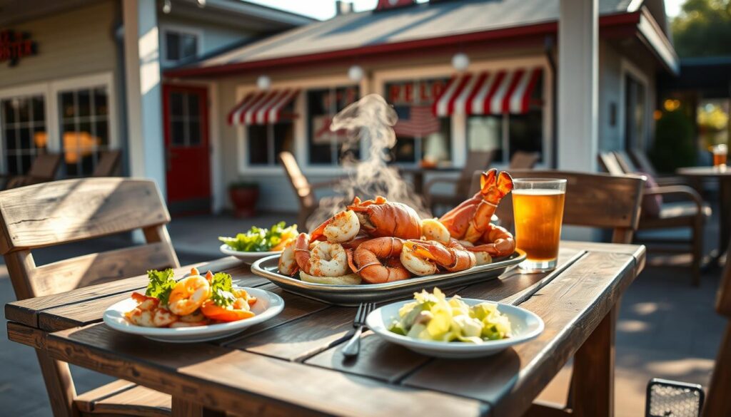 A sun-dappled outdoor patio with a weathered wooden table and chairs, set against the backdrop of a classic Red Lobster restaurant. On the table, a neatly arranged spread of seafood dishes, including a steaming platter of fresh lobster, shrimp, and crab legs, accompanied by a side of crisp salad and a glass of iced tea. The lighting is soft and warm, creating a cozy and inviting atmosphere for a leisurely lunch. In the distance, a glimpse of the restaurant's iconic red-and-white signage, hinting at the culinary delights within. The overall scene evokes a sense of relaxation and indulgence, perfectly capturing the essence of planning a satisfying midday meal at Red Lobster. A sun-dappled outdoor patio with a weathered wooden table and chairs, set against the backdrop of a classic Red Lobster restaurant. On the table, a neatly arranged spread of seafood dishes, including a steaming platter of fresh lobster, shrimp, and crab legs, accompanied by a side of crisp salad and a glass of iced tea. The lighting is soft and warm, creating a cozy and inviting atmosphere for a leisurely lunch. In the distance, a glimpse of the restaurant's iconic red-and-white signage, hinting at the culinary delights within. The overall scene evokes a sense of relaxation and indulgence, perfectly capturing the essence of planning a satisfying midday meal at Red Lobster.