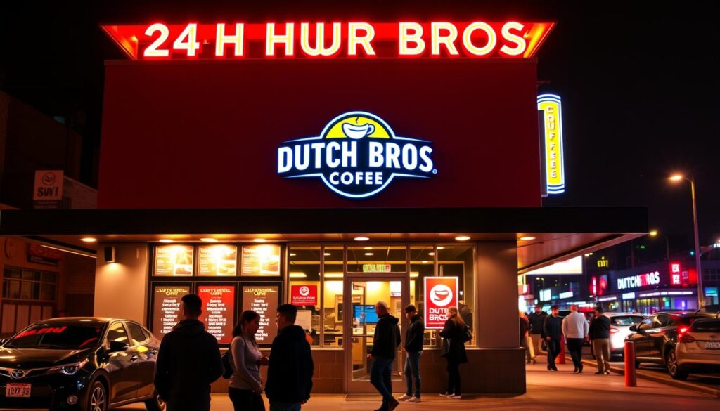 A vibrant 24-hour Dutch Bros Coffee location, bathed in warm neon lights and the glow of illuminated menu boards. The exterior features a sleek, modern design with a prominent drive-thru lane and ample parking. In the foreground, a few late-night customers line up at the counter, their faces lit by the soft, inviting ambiance. The middle ground showcases the iconic Dutch Bros logo and branding, while the background depicts a bustling urban cityscape, hinting at the convenience and accessibility of this round-the-clock coffee oasis. A vibrant 24-hour Dutch Bros Coffee location, bathed in warm neon lights and the glow of illuminated menu boards. The exterior features a sleek, modern design with a prominent drive-thru lane and ample parking. In the foreground, a few late-night customers line up at the counter, their faces lit by the soft, inviting ambiance. The middle ground showcases the iconic Dutch Bros logo and branding, while the background depicts a bustling urban cityscape, hinting at the convenience and accessibility of this round-the-clock coffee oasis.