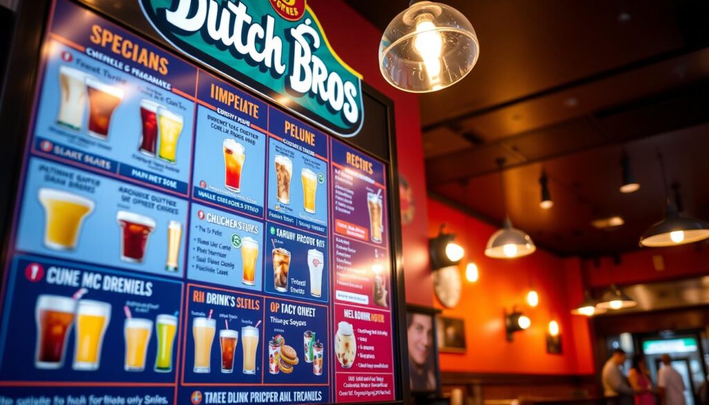 A vibrant and lively scene of the Dutch Bros happy hour menu board, capturing the warm and inviting atmosphere of the coffee shop. The menu board is the focal point, displaying an array of colorful drink specials and promotions in an eye-catching and visually appealing layout. The lighting is soft and inviting, creating a cozy and welcoming ambiance. The background features the signature Dutch Bros branding and decor, with a hint of the busy cafe setting in the distance. The overall composition conveys the energy and excitement of the Dutch Bros happy hour experience, enticing viewers to visit and indulge in the delightful drink specials. A vibrant and lively scene of the Dutch Bros happy hour menu board, capturing the warm and inviting atmosphere of the coffee shop. The menu board is the focal point, displaying an array of colorful drink specials and promotions in an eye-catching and visually appealing layout. The lighting is soft and inviting, creating a cozy and welcoming ambiance. The background features the signature Dutch Bros branding and decor, with a hint of the busy cafe setting in the distance. The overall composition conveys the energy and excitement of the Dutch Bros happy hour experience, enticing viewers to visit and indulge in the delightful drink specials.