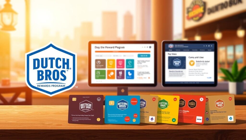 A vibrant and visually engaging illustration of the Dutch Bros Rewards Program. The foreground showcases the Dutch Bros logo and an array of colorful reward cards, each with a unique design and distinct benefits. The middle ground features a sleek and modern interface, highlighting the program's digital integration and user-friendly experience. The background is a softly blurred cityscape, capturing the essence of the Dutch Bros brand and its welcoming, community-driven atmosphere. Warm, natural lighting casts a cozy glow, conveying a sense of comfort and inviting the viewer to explore the program's perks and privileges. The overall composition is balanced, with a focus on simplicity and clarity to effectively communicate the key features and advantages of the Dutch Bros Rewards Program. A vibrant and visually engaging illustration of the Dutch Bros Rewards Program. The foreground showcases the Dutch Bros logo and an array of colorful reward cards, each with a unique design and distinct benefits. The middle ground features a sleek and modern interface, highlighting the program's digital integration and user-friendly experience. The background is a softly blurred cityscape, capturing the essence of the Dutch Bros brand and its welcoming, community-driven atmosphere. Warm, natural lighting casts a cozy glow, conveying a sense of comfort and inviting the viewer to explore the program's perks and privileges. The overall composition is balanced, with a focus on simplicity and clarity to effectively communicate the key features and advantages of the Dutch Bros Rewards Program.